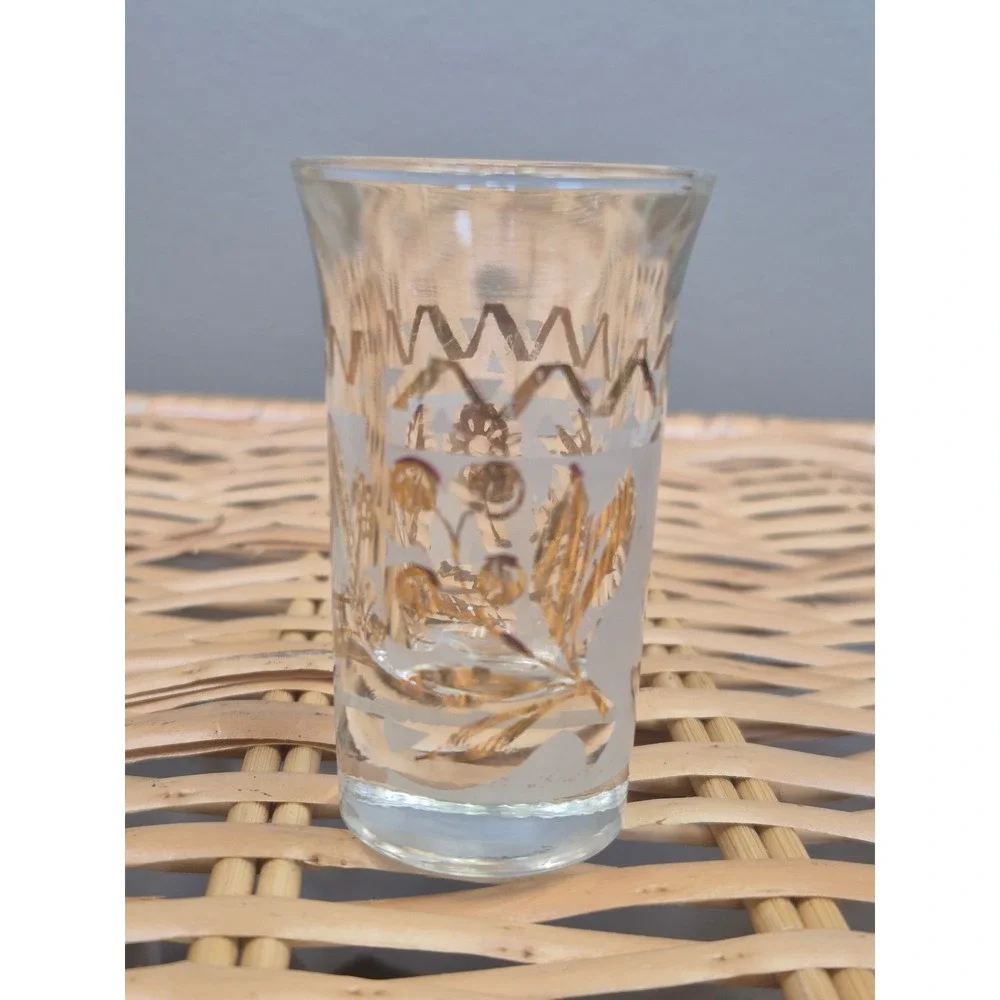 Vintage MCM Frosted Gold Bird Cordial Shot Glass Set of 5 Mid Century Barware